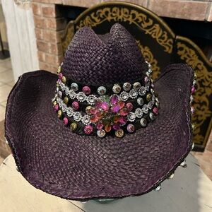 WHITTALL & SHON |22.5”|Western Cowgirl Colorful Rhinestone Dark Purple Straw Hat